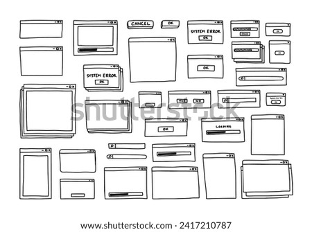 vector set collection of hand drawn ui user interface outline doodle drawing black and white with blank window, loading bar, search bar, and stacked window