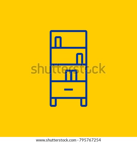 Bookcase or Bookshelf cabinet blue line icon on yellow background