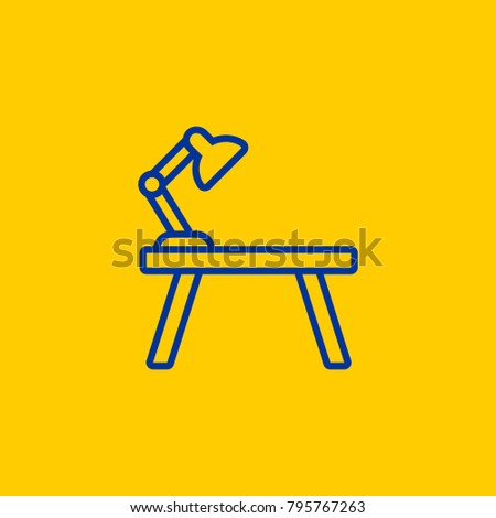 Blue line Work Desk table icon on yellow background