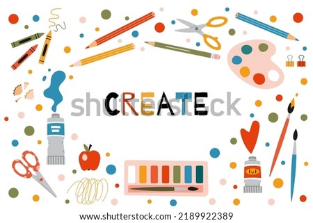 Painting tools elements vector set, cartoon style. Art supplies: paint tubes, brushes, pencil, watercolor, palette. Trendy modern vector illustration isolated on white, hand drawn, flat design.