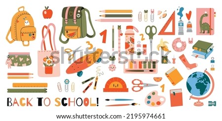 Cute school stationery and Art Supplies big Set, cartoon style. Kawaii accessories for study, student equipment. Back to school. Trendy modern vector illustration isolated on white, hand drawn, flat