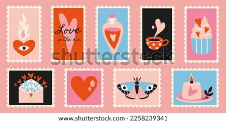 Set of cute hand-drawn post stamps with Valentines Day, Love theme attributes like heart, candle, cupcake. Trendy modern vector illustartions in Cartoon style.