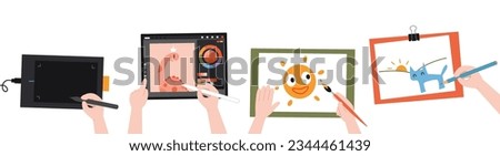Different ways of creativity. Childrens hands at art class, digital painting and hand drawing, top view, cartoon style. Trendy modern vector illustration isolated on white background, flat design