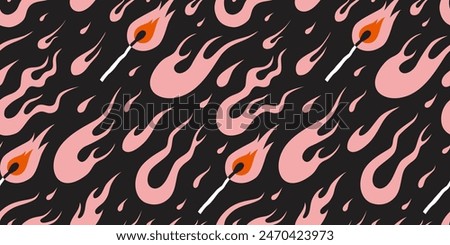 Seamless pattern various flames, fire and match in y2k aesthetic, vintage cartoon, old school tattoo neo tribal style. Trendy modern vector illustration on black background, hand drawn, flat design