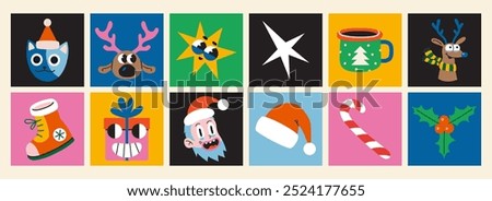 Set with Christmas attributes, Santa Claus, reindeer, gifts, holly and cat. Square colorful icons, stickers collection in vibrant colors. Trendy modern vector illustration, hand drawn, flat design