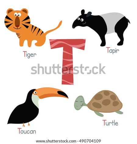 Cute Vector Zoo Alphabet. Funny Cartoon Animals: Tiger, Tapir, Toucan ...