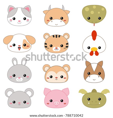 Set of chinese traditional zodiac animals faces on white background.