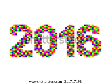 Happy New Year 2016 greeting card made in art pixel. Vector illustration for holiday design. Party poster, greeting card, banner or invitation.