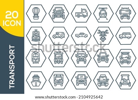Set of Public Transportation Thin Line Icons.Contains such Icons as Taxi, Train, Tram and more. Transport Icons, oncoming view, Monoline concept The icons were created.
