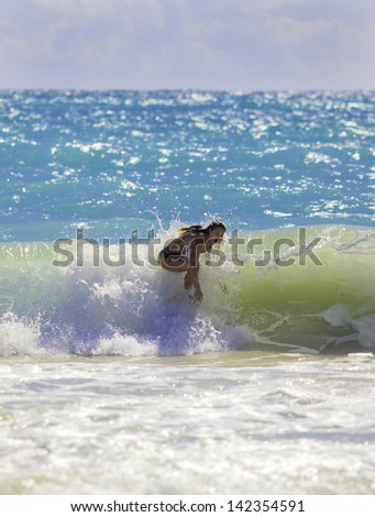 blond girl in bikini surfing the waves in hawaii