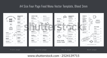 Restaurant cafe menu, template design, A4 size four page food menu template, Bleed 3mm