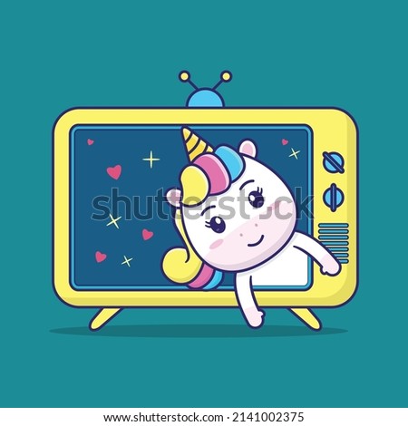  cute unicorn appears from inside the television, suitable for children's books, birthday cards, valentine's day, stickers, book covers, greeting cards, printing.
