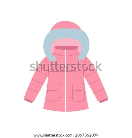 Pink winter coat for children. Warm clothes element. Doodle style. Isolated vector illustration. 