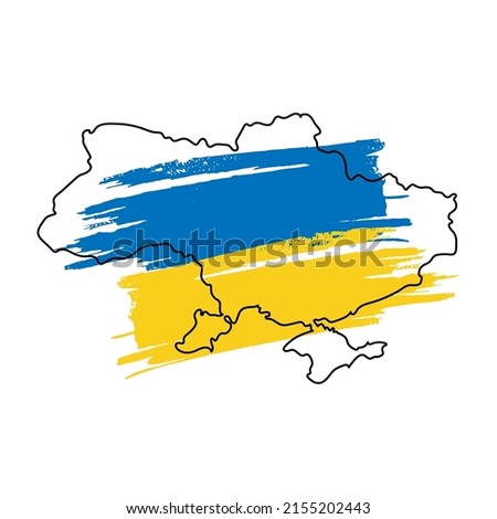 Line  art map of Ukraine with blue and yellow brush stroke. Save Ukraine. Design element for sticker, banner, poster, card. Isolated vector illustration.