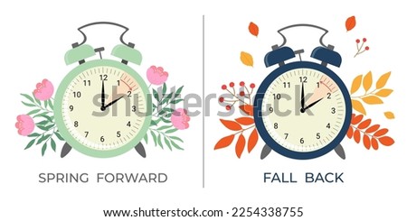 Daylight saving time concept banner. Spring forward and fall back time.  Allarm clock with flowers and leaves. Vector illustration