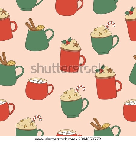 Seamless pattern of hot drinks. Red and green cups on pink background for Christmas design. Vector illustration
