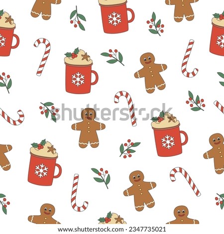 Groovy Christmas seamless pattern. Red cup, gingerbread man and candy cane in trendy retro cartoon style. Background for winter festive design. Vector illustration