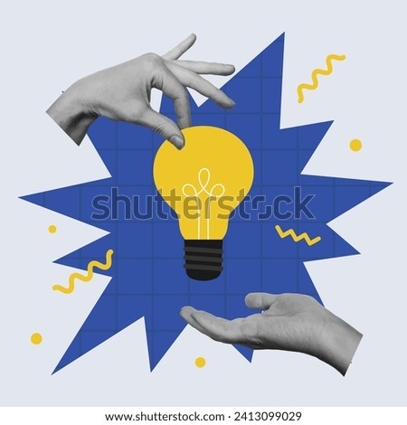 Two hands pass each other bulb lamp. Sharing ideas and experiences, brainstorming, creative team concert. Vector illustration