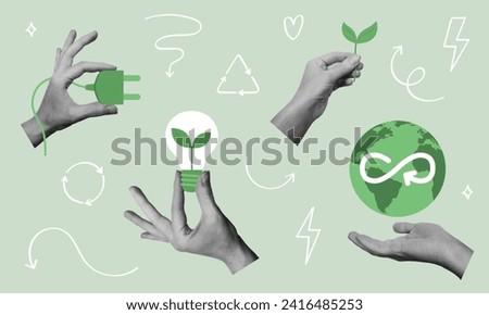 Ecological zero waste lifestyle and sustainability elements set. Hands holding Earth globe, plant, power saving lamp. Vector illustration