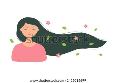 Girl with developing hair, green leaves and flowers. Template for card, poster, flyer, banner. Isolated vector illustration
