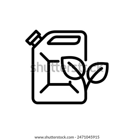 Bio fuel canister with leaves outline icon. Green environment and recycle symbol. Editable stroke. Isolated vector illustration 