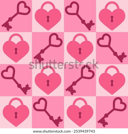 Seamless pattern with pink heart shaped lock and key. Template for Valentine holiday design. Vector illustration