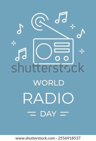 World radio day poster with outline elements on blue background. Template for banner, poster, flyer, promo. Vector illustration