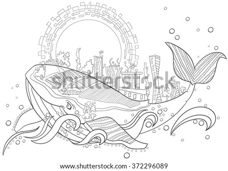 Coloring Page Vector Fantastic City Whale Monochrome Floral Pattern Hand Drawn Texture Decorative