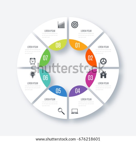 Infographics template 8 options with circles. Can be used for workflow layout, diagram, number options, step up options, web design, presentations