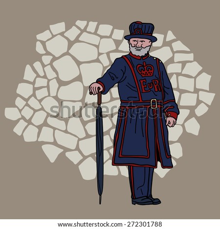 Beefeater. Yeoman Warder at the Tower of London. Cartoon character.