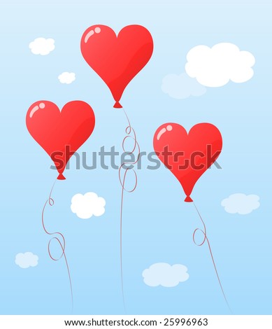 Party balloon shaped like red heart floating among clouds