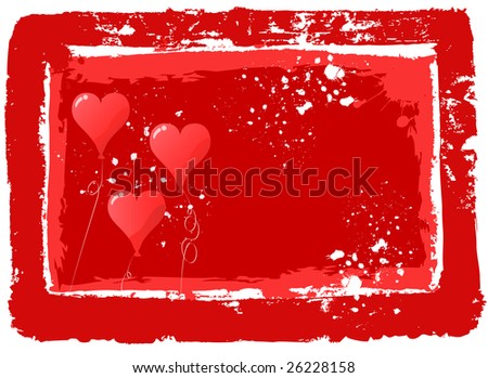 Painted valentine frame in red color, party balloons shaped like red heart