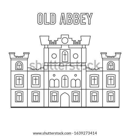 Outline illustration of an old three story building. Thin line abbey or castle, European architecture style, with two towers on sides. Reminds a creepy place with ghosts or a sanitarium.