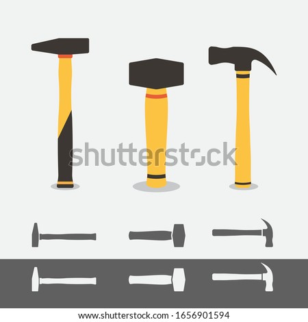 3 different hummer icons isolated. Flat hammer symbol.Claw Hammer, Club Hammer,Cross-peen hammer.Flat style vector illustration