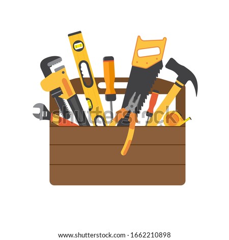 Toolbox with instruments inside. Workman's toolkit. Tool chest with hand tools. Workbox in flat style. Vector illustration