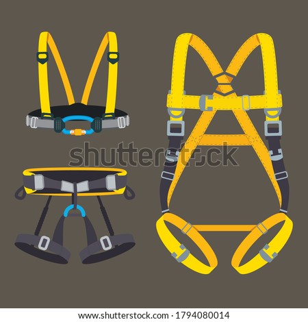 Safety harness fall protection set. Climbing, mountaineering, abseiling or rappelling gear. Industrial or construction safety seat belt, chest and full body types. Vector illustration.