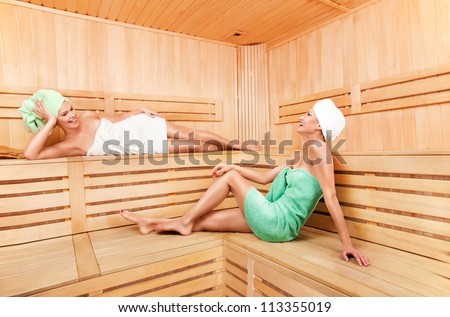Two young woman relaxing in sauna and laughing