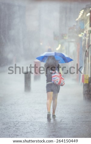 Girl walking in the rain with umbrella with bag with Britain flag print