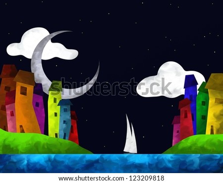 abstract landscape with colorful houses on the sea