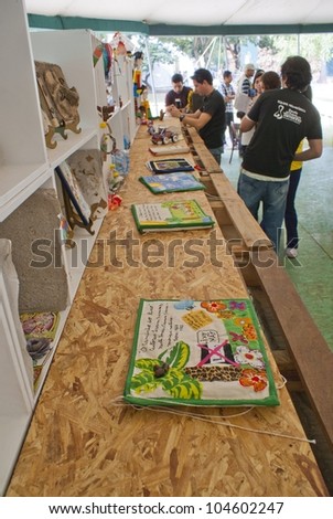 RIO DE JANEIRO - JUNE 04: in the Workshop Tent a shelf with fabric books at the Event Green Nation Fest.  Event Green Nation Fest,June 04, 2012 in Rio de Janeiro, Brazil
