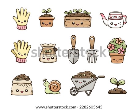 Kawaii gardening clipart set. Happy potted plants, garden items and planting tools. Cute spring summer digital stickers cartoon illustration.