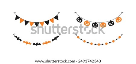 Cute Halloween Garland Bunting Set with Jack O Lantern, Pumpkins and Bats. Simple banner hanging party classy decor vector element.