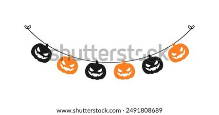 Cute Halloween Garland Bunting Silhouette Set with Jack O Lantern, Pumpkins and Bats. Simple banner hanging party classy decor vector element.