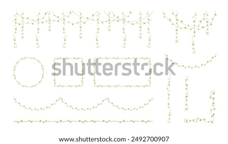 Green vines frames and borders, hanging vine curtain design, botanical elements vector illustration set