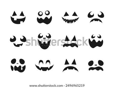 Scary Monster Faces Set. Jack O Lantern Face Halloween Pumpkin Icon Collection. Simple Creepy Horror Illustrations.