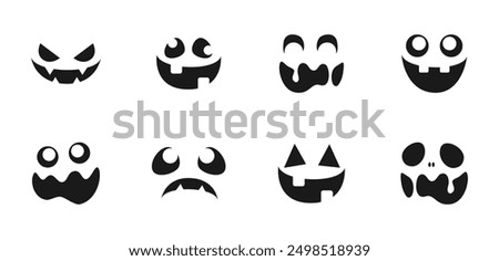 Scary Monster Faces Set. Jack O Lantern Face Halloween Pumpkin Icon Collection. Simple Creepy Horror Illustrations.