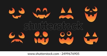 Scary Monster Faces Set. Jack O Lantern Face Halloween Pumpkin Icon Collection. Simple Creepy Horror Illustrations.