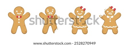 Set of gingerbread man and woman sweet cookies, whole and with bite clipart. Holiday winter Christmas symbols. Vector illustration.