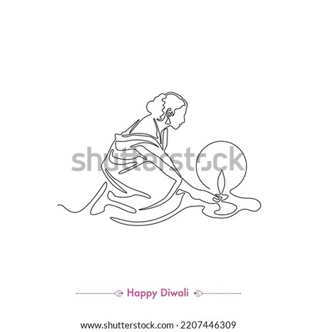 indian woman holding diya happy diwali vector line drawing