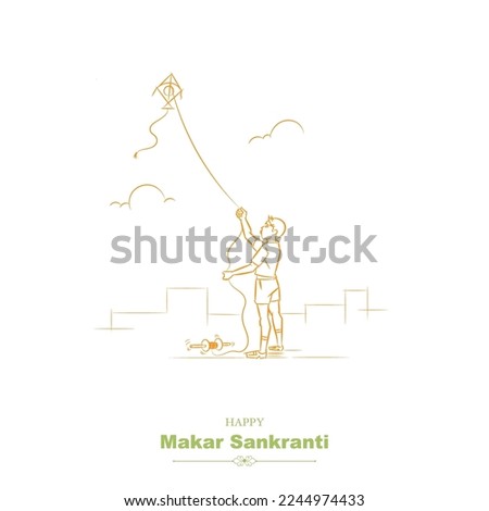 makar sankranti boy flying kite line drawing